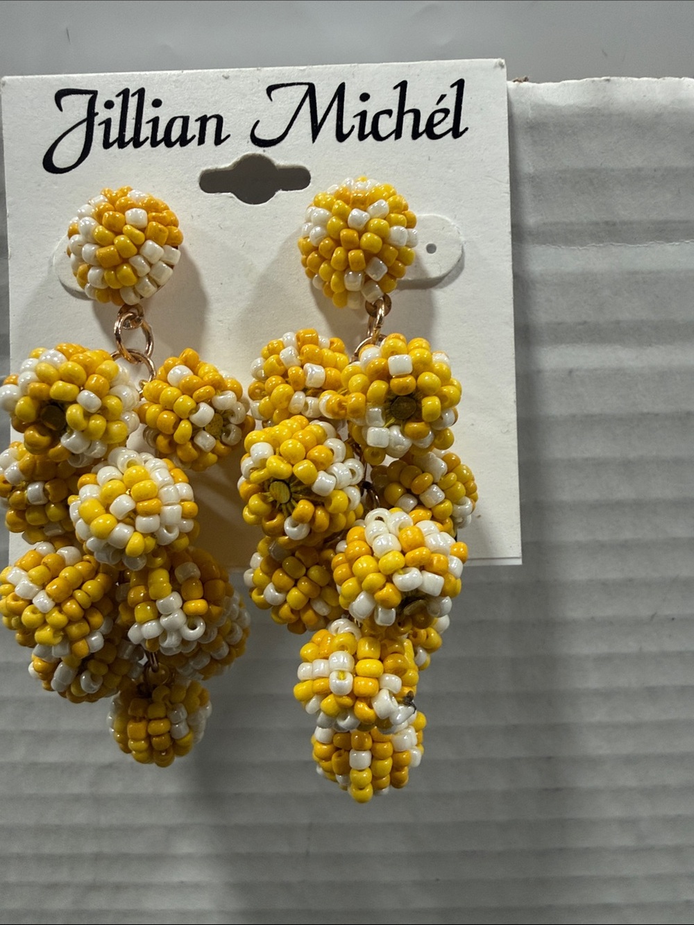 Jillian Michel Yellow & White Beaded Cluster Drop Earrings